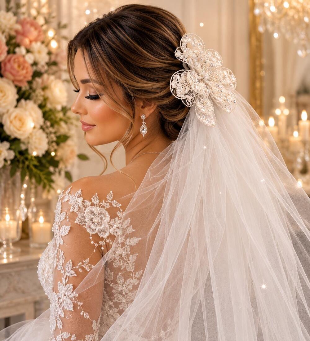 Vintage Crystal White Lace Flower Pearls Wedding Veil w/ Blusher – Mid Length